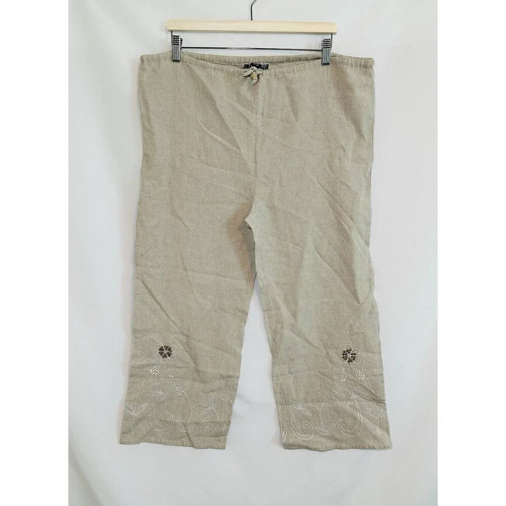 VTG Harold's Linen Beige Floral Embroidered Beaded Wide Leg Ankle Pants Women 10